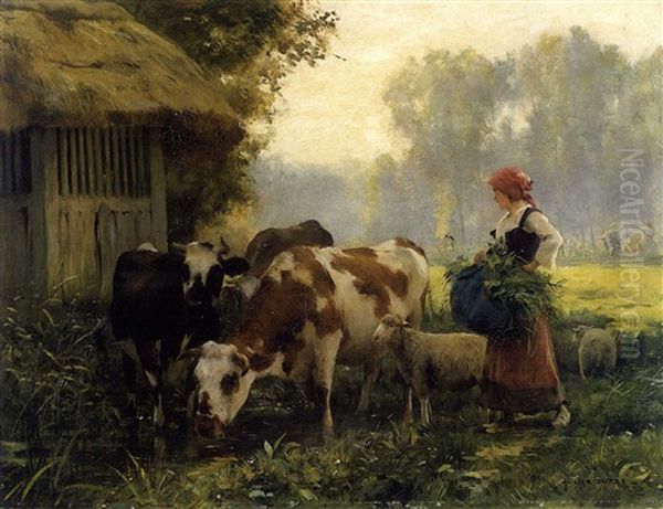 Shepherdess With Cows And Sheep In The Shade Of Midday - view 1