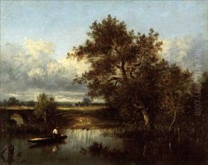 A River Landscape With A Figure In A Boat by Jules Dupre