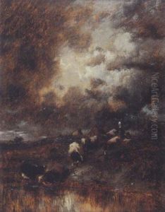 Landschaft Mit Kuhherde An Der Tranke Bei Aufziehendem Gewitter