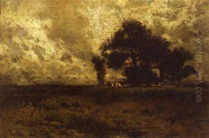 An Extensive Landscape With Cattle Grazing Under A Cloudy Sky by Jules Dupre
