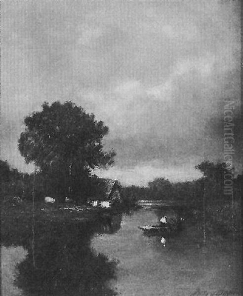 A River Landscape With A Figure In A Boat And A House With Cattle In A Field - view 1