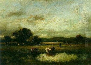 A Pastoral Landscape With Cows Watering At A Pond In The Foreground by Jules Dupre