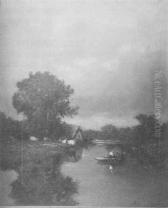 River Landscape With A Figure In A Boat And A House With Cattle In A Field by Jules Dupre