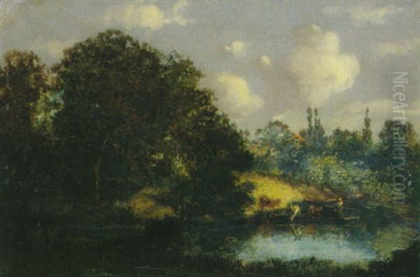 Bewaldete Flusslandschaft Mit Kuhhirtin In Kleiner Fahre - view 1