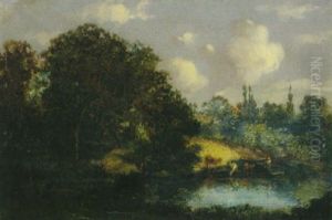 Bewaldete Flusslandschaft Mit Kuhhirtin In Kleiner Fahre by Jules Dupre