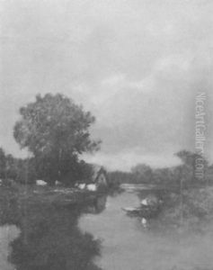 River Landscape With A Figure In A Boat And A House With Cattle In A Field by Jules Dupre