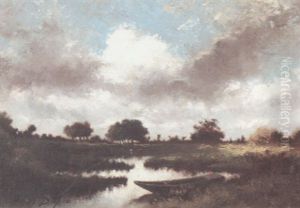 A Landscape After Summer Storms With A Dinghy In A Stream In The Foreground