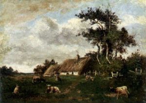 Cows Grazing By A Thatched Cottage by Jules Dupre