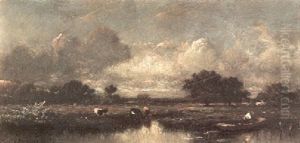 An Extensive Pastoral Landscape With Cows Watering, A Figure In A Dinghy On A Lake And A Storm Threatening Overhead by Jules Dupre