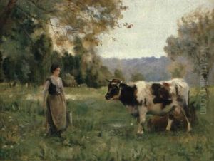 Bauerinmit Kuhen In Einer Weidelandschaft by Jules Dupre