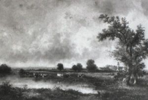 Viehherde Am Teich Vor Weiter, Flacher Landschaft