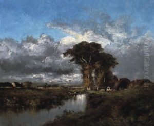 A River Landscape With Cottages by Jules Dupre
