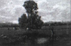 Cows Grazing By A Pool With A Village Beyond