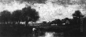 Watering Cattle And Houses In A Landscape by Jules Dupre