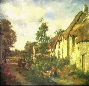 Children Playing Before Cottages by Jules Dupre