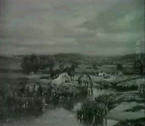 Landskab Med Heste Ved Et Vandlob, Aften Landskab Med Heste Ved Et Vandlob, Aften