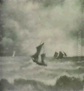 Sailing Vessels Under Cloudy Skies by Jules Dupre