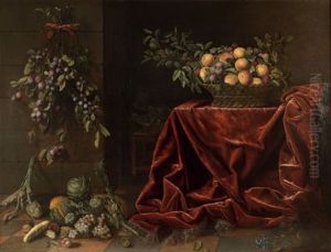 Panier De Peches, De Prunes Et D'amandes Fraiches Sur Un Entablement Recouvert D'un Velours Rouge Et Branche De Prunes