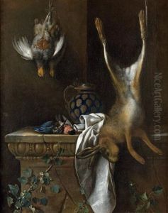 Nature Morte Aux Perdrix, Martins Pecheurs, Pichet, Linge Et Lapin Sur Un Entablement