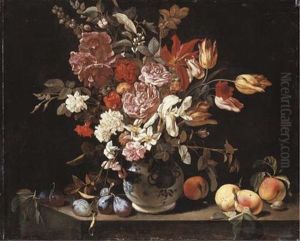 A White Iris, Tulips, Carnations, Roses, Hollyhocks And Other Flowers In A Blue And White Porcelain Vase With Plums And Peaches On A Stone Ledge
