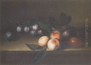 A Still Life Of Plums, Peaches And A Fig On A Wooden Table