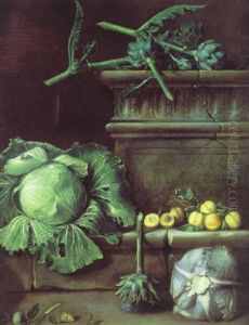 Nature Morte Aux Choux, Artichauts Et Abricots Sur Un Entablement