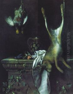 Nature Morte Au Lievre, Pot En Gres Et Gibiers Sur Un Entablement Antique