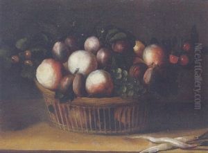 Still Life Of Fruit In A Wicker Basket, With French Radishes, All Upon A Stone Ledge by Pierre Dupuis