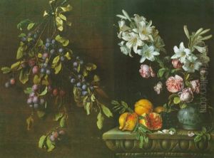 Nature Morte A La Branche De Prunier Suspendue A Un Mur, Grenades Et Vase De Lys Sur Un Entablement Sculpte