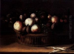A Still Life Of Peaches, Plums, Grapes,and Other Fruit In A Wicker Basket, With French Radishes, All Upon A Stone Ledge