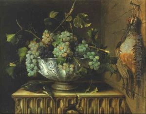 Grapes In A Bowl With A Dead Kingfisher On A Stone Ledge And A Brace Of Partridge Hanging On A Wall