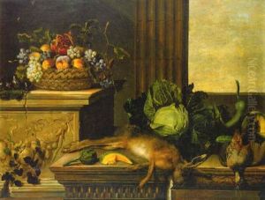 Fruit In A Wicker Basket With Figs On A Plinth, Dead Game, A Cabbage, A Melon, A Gourd And An Artichoke On A Stone Ledge, A Window Beyond by Pierre Dupuis