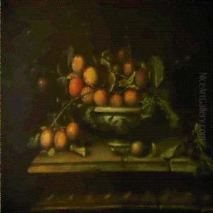 Des Prunes Dans Une Coupe De Faience Sur Un Entablement De Pierre by Pierre Dupuis