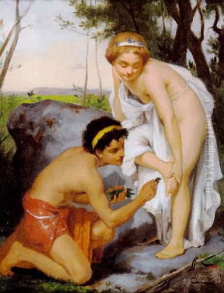 Klassisk Sceneri Med Yngling, Der Helbreder En Ung Pige, Der Er Blevet Bidt Af En Slange - view 1
