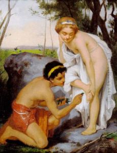 Klassisk Sceneri Med Yngling, Der Helbreder En Ung Pige, Der Er Blevet Bidt Af En Slange