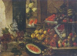 Still Life Of Grapes Apples And Other Fruits, A Glass Decanter, All Arranged On A Various Stones Ledges