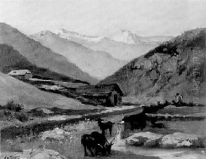 Berger Et Ses Chevres, Paysage De Montagne by Paul Michel Dupuy