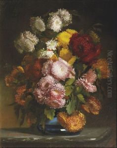 Bouquet De Chrysanthemes Au Vase Bleu by  Durand