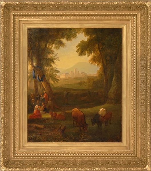 Cattle And Figures With A Castle And Mountains In The Background - view 1