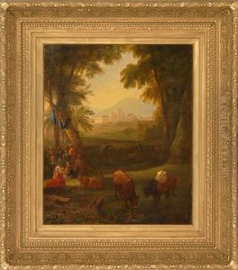 Cattle And Figures With A Castle And Mountains In The Background Cattle And Figures With A Castle And Mountains In The Background