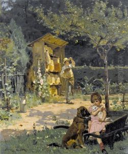 Garten Mit Imker Und Spielendem Madchen