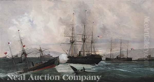 The Confederate Raider Alabama In Action With The Uss Kearsage, June 19, 1864 - view 1