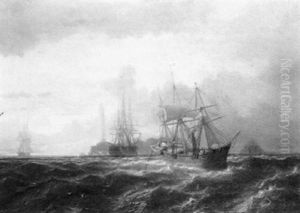 Trois-mats Passant Le Phare by Jean Baptiste Henri Durand-Brager