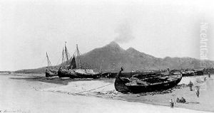 Bateaux De Peche Sur La Plage, Au Pied Du Vesuve