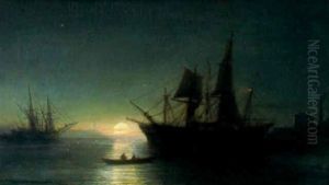 Segelschiffe Im Hafen Bei Mondschein by Jean Baptiste Henri Durand-Brager