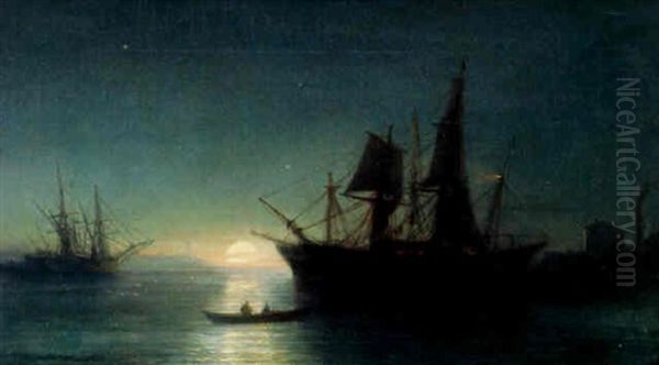 Grands Voiliers Et Barque Au Port Au Clair De Lune - view 1