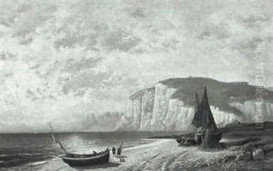 Figures With Boats Along The Shore by Jean Baptiste Henri Durand-Brager