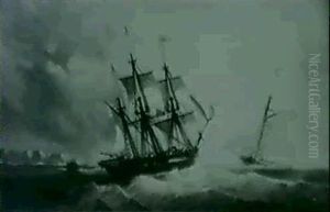Bateaux Pres Des Cotes Par Mer Agitee by Jean Baptiste Henri Durand-Brager