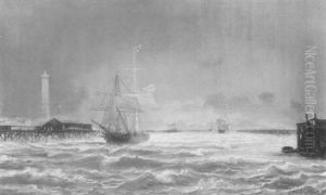 A Two-master Entering A Jetty With A Lighthouse Beyond