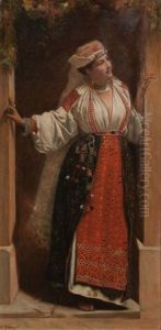 Jeune Orientale Sur Le Seuil De Sa Maison by Leopold Durangel